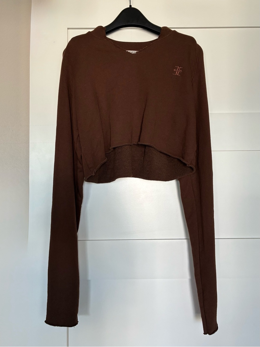 ⁠ÉTERNE XS Brown Cropped Raw Edge Hoodie